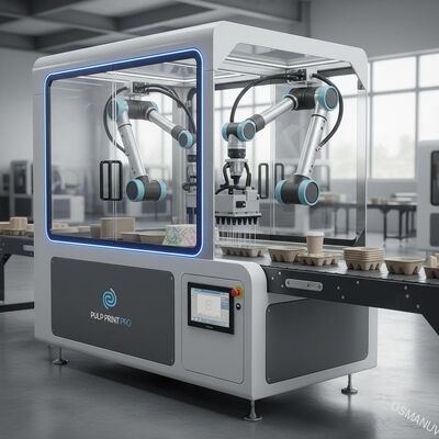 一体型ロボットピッキング・プレース・ワンパス水性デジタルプリンター（成形パルプ用）– インライン自動装飾