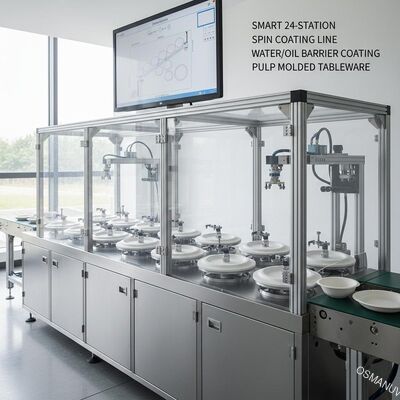 パルプモールド食器の水・油バリアコーティング用スマート24ステーション製スピンコーターライン